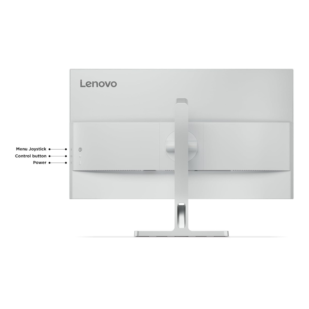 Parte trasera de un monitor Lenovo blanco. Incluye el logotipo, el joystick del menú, el botón de control y el soporte.