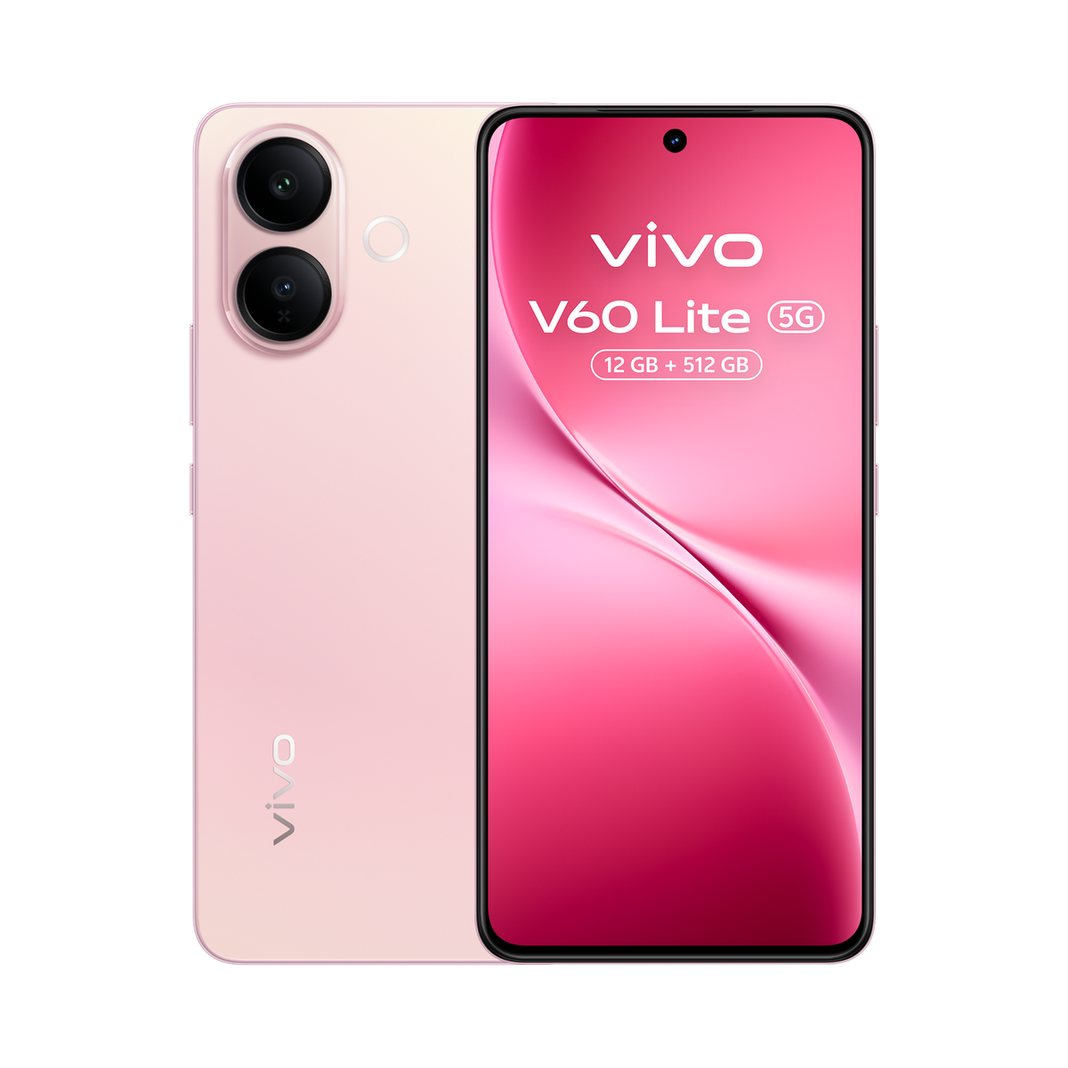 Różowy telefon Vivo V60 Lite 5G. Przód pokazuje ekran z logo i specyfikacjami. Tył ma aparat. Czarne tło.