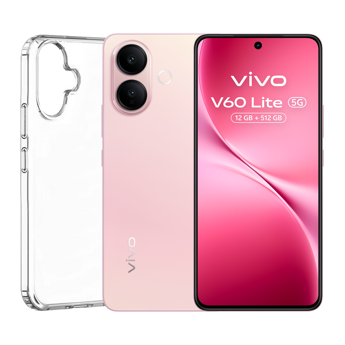 Różowy telefon Vivo V60 Lite 5G z przezroczystym etui. Wyświetlacz pokazuje logo Vivo i specyfikacje. Widoczne podwójne kamery.