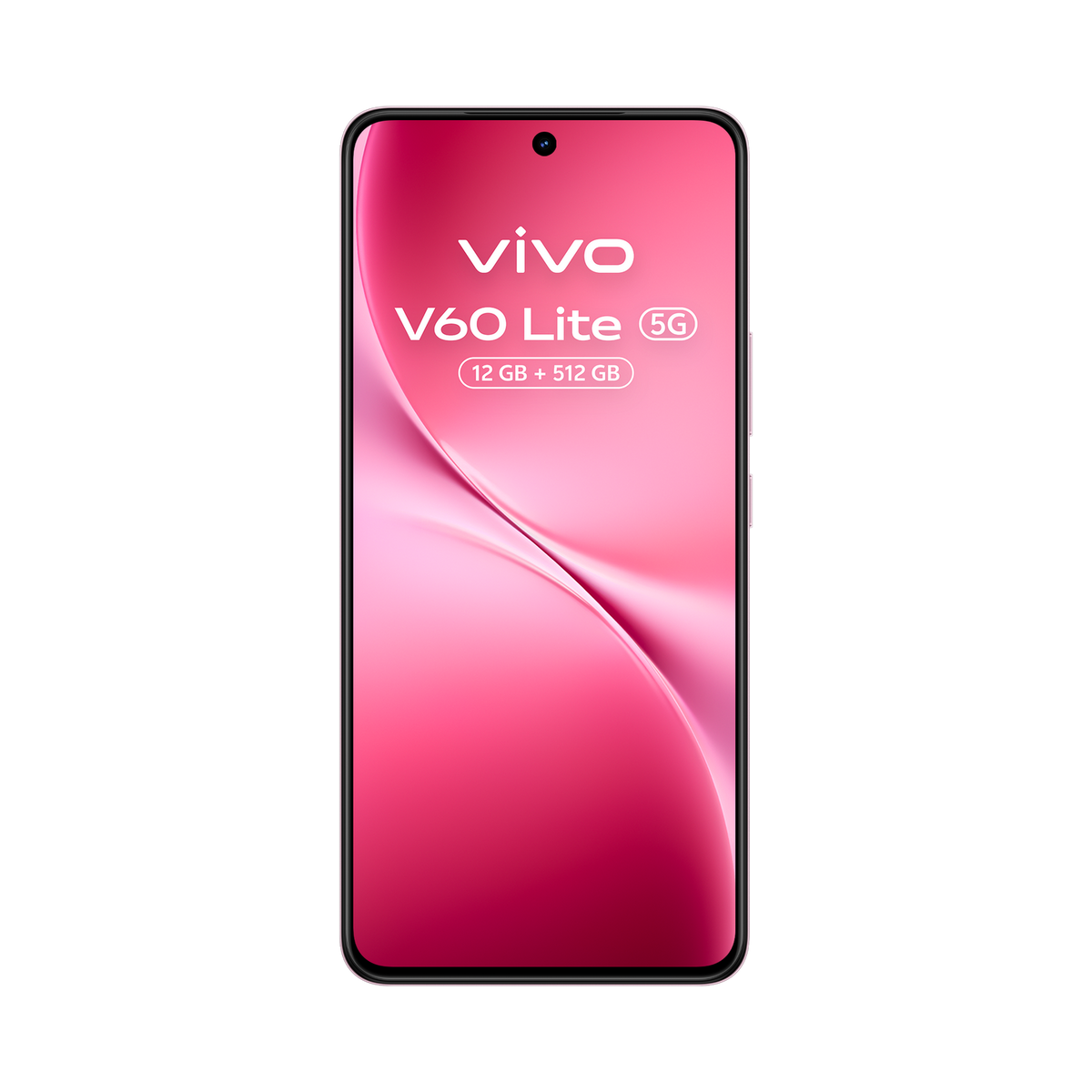 Smartfon VIVO V60 Lite 5G z różowym ekranem na czarnym tle. Ekran wyświetla nazwę marki i specyfikacje.