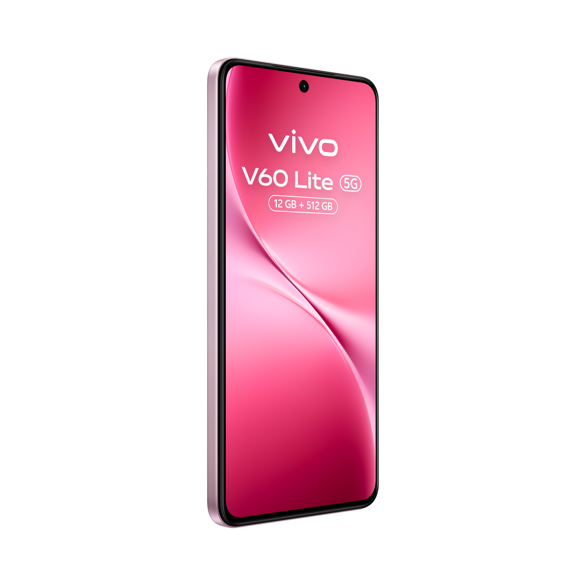 Różowy telefon Vivo V60 Lite 5G na czarnym tle. Ekran wyświetla markę i specyfikacje: 12 GB + 512 GB.