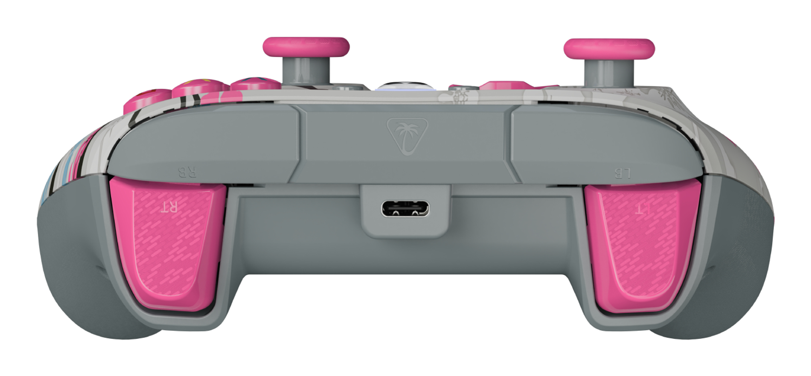 Ein Gaming-Controller mit grauen, rosa und weißen Details. Rosa Trigger und Thumbsticks sind sichtbar. Der Controller befindet sich auf weißem Hintergrund.