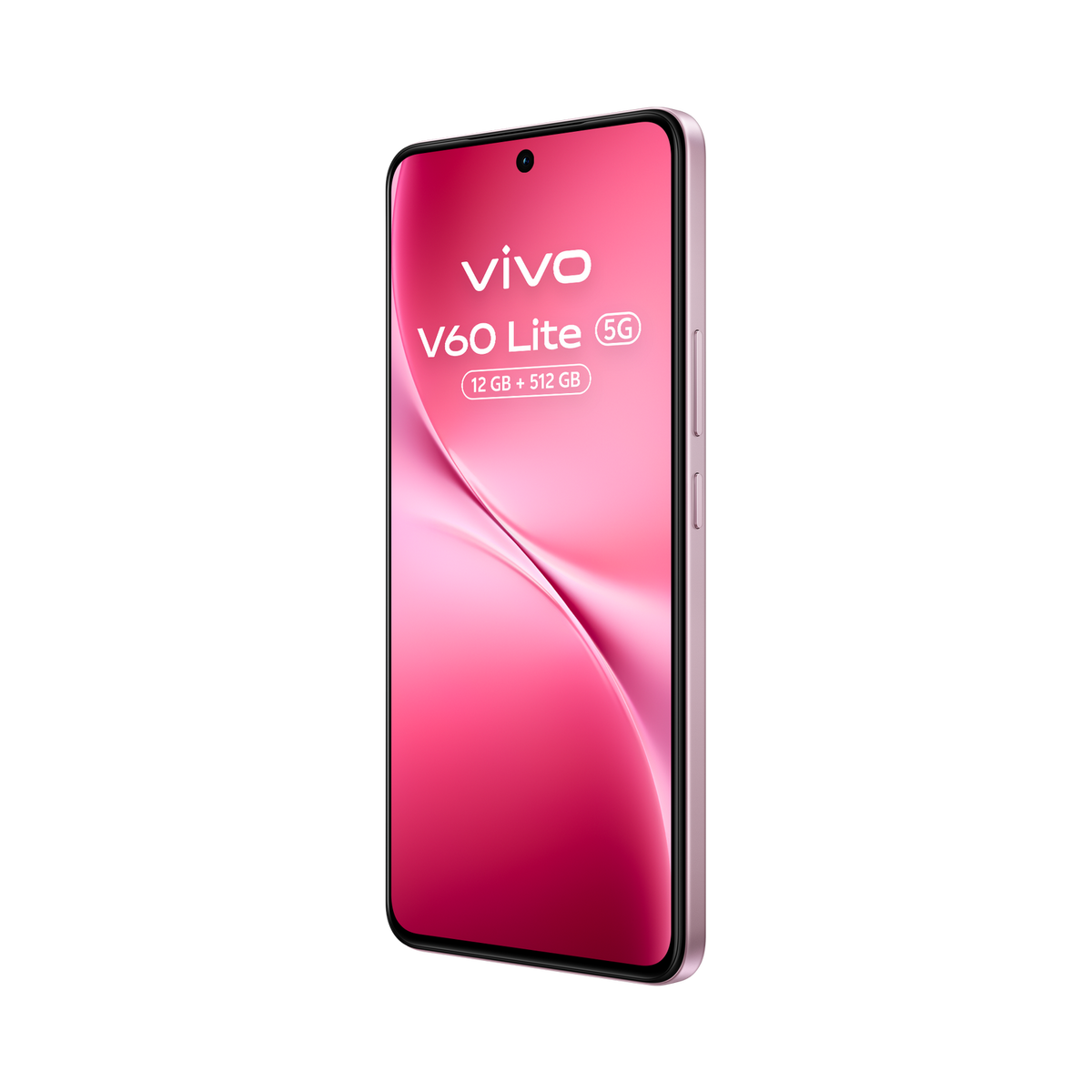 Różowy smartfon Vivo V60 Lite 5G na czarnym tle. Ekran wyświetla różowy wzór fali i specyfikacje telefonu.