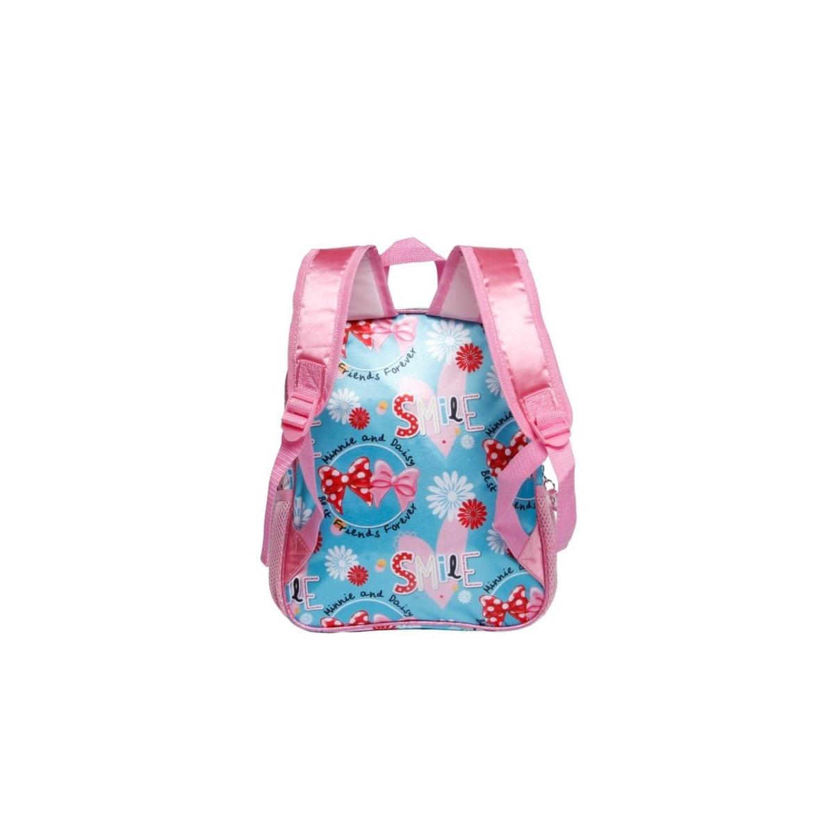 Una mochila rosa y azul. La mochila tiene detalles de Minnie Mouse y las palabras 'Smile' y 'Friends Forever' son visibles.