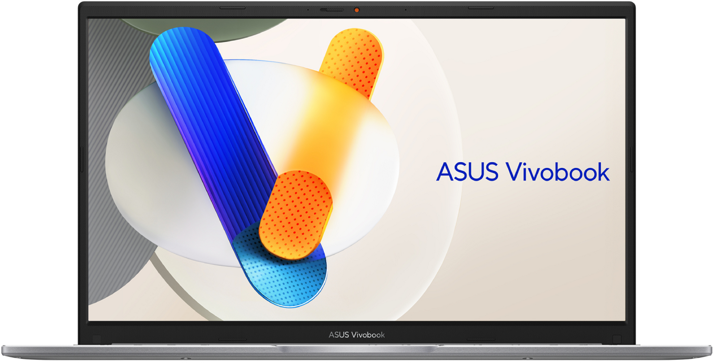 Portátil con diseño abstracto en pantalla. El diseño incluye formas azules y naranjas. Se muestra la marca ASUS Vivobook.