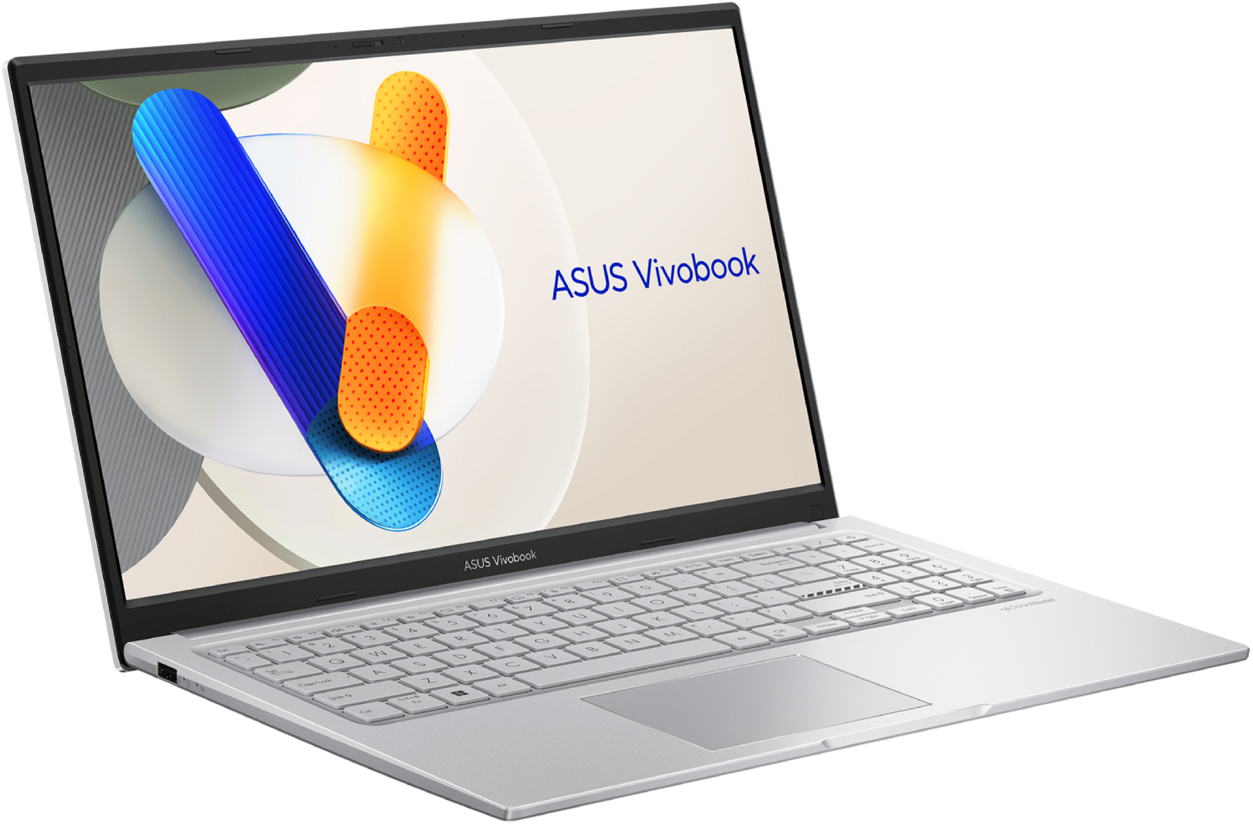 Una laptop ASUS Vivobook plateada está abierta. La pantalla muestra un diseño abstracto colorido y el logotipo ASUS Vivobook. Teclado y panel táctil visibles.