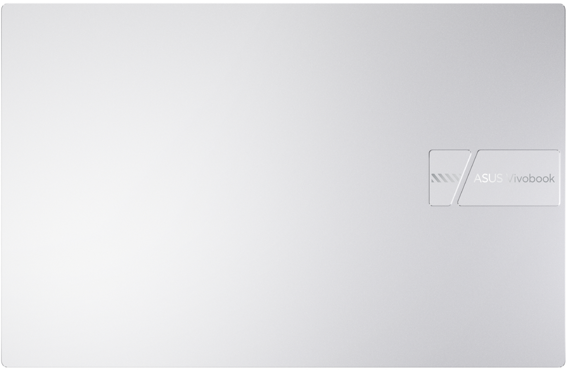 Una superficie blanca de portátil. El logotipo de ASUS Vivobook está en el lado derecho. El portátil tiene una textura suave y reflectante.
