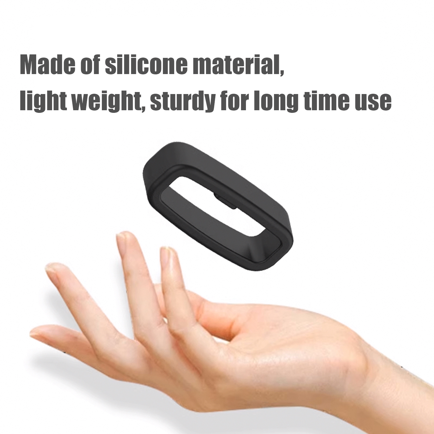 Czarna silikonowa opaska unosi się nad dłonią. Tekst: wykonana z silikonu, lekka, wytrzymała.