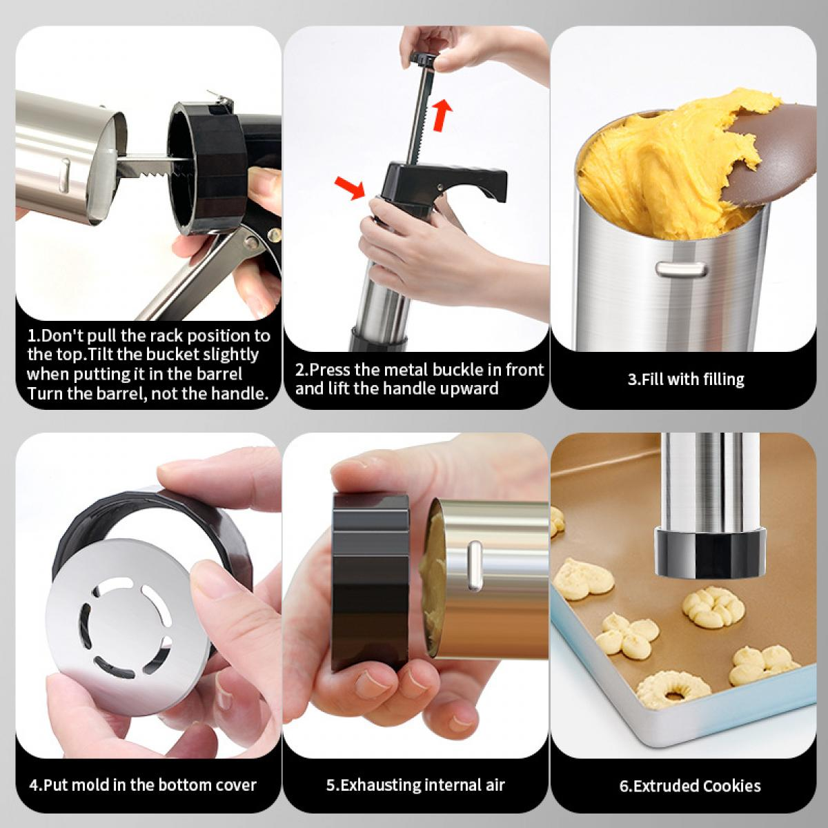 Anweisungen zur Verwendung einer Keksmaschine. Schritte umfassen Montage, Füllen mit Teig und Extrudieren von Keksen auf ein Backblech.