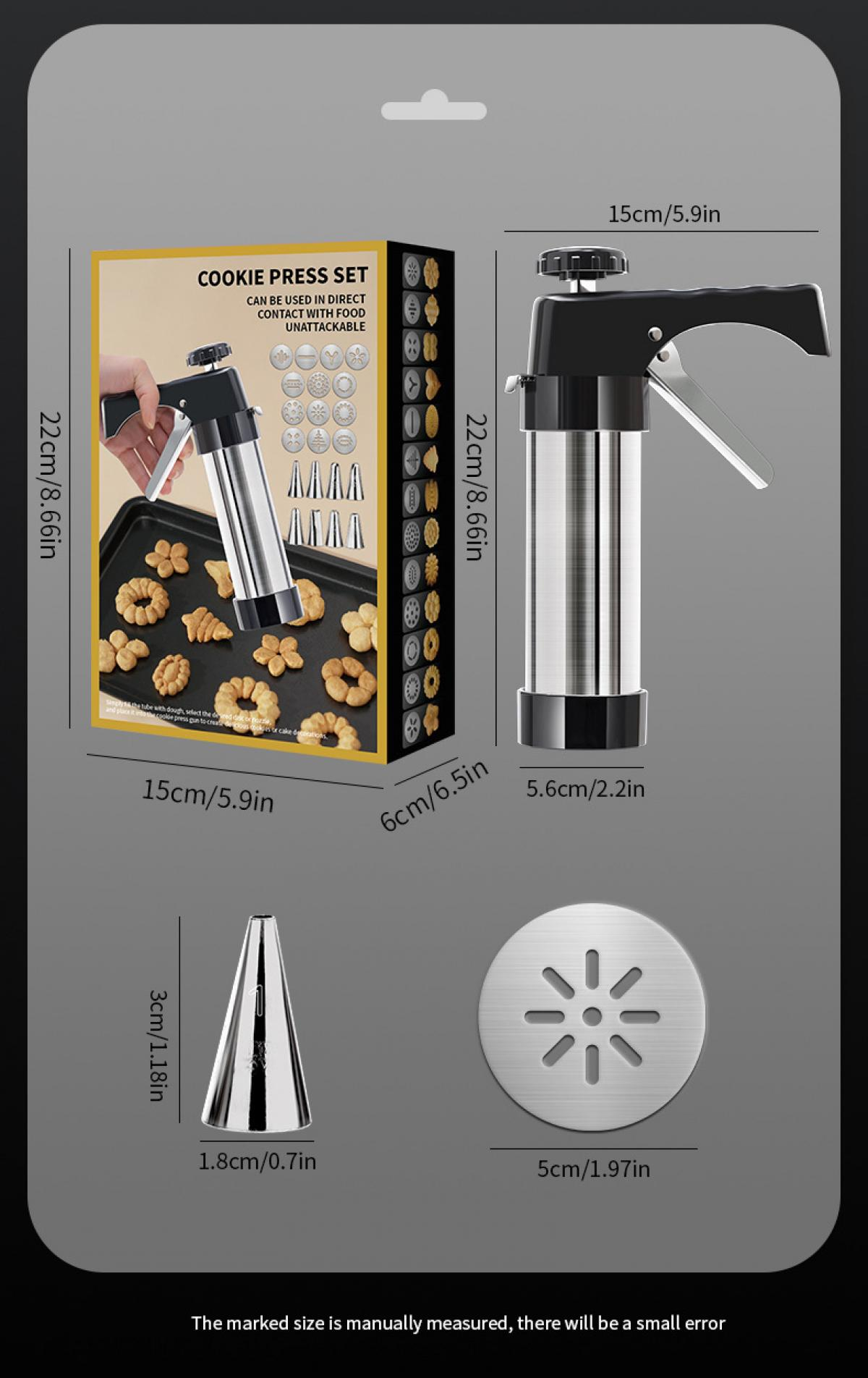 Kekspress-Set mit Maßen, schwarz und silber. Enthält eine Presspistole, Düsen und Kekse auf einem Tablett. Produktdetails sind abgebildet.
