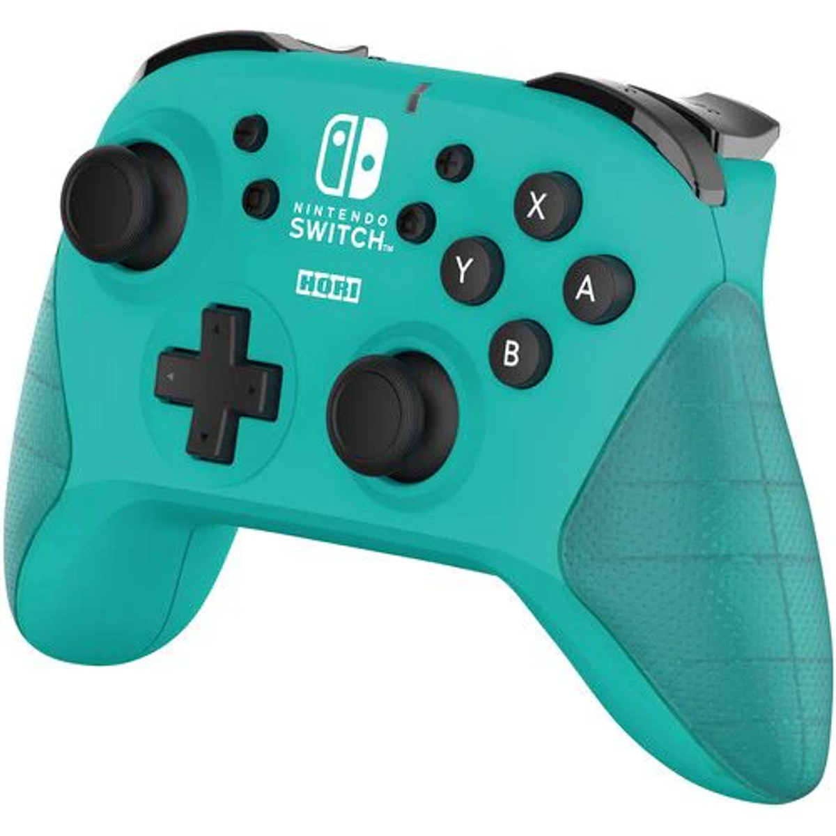 Un mando Pro de Nintendo Switch turquesa. Tiene joysticks, botones y una cruceta negros. El logotipo de Nintendo Switch es visible.