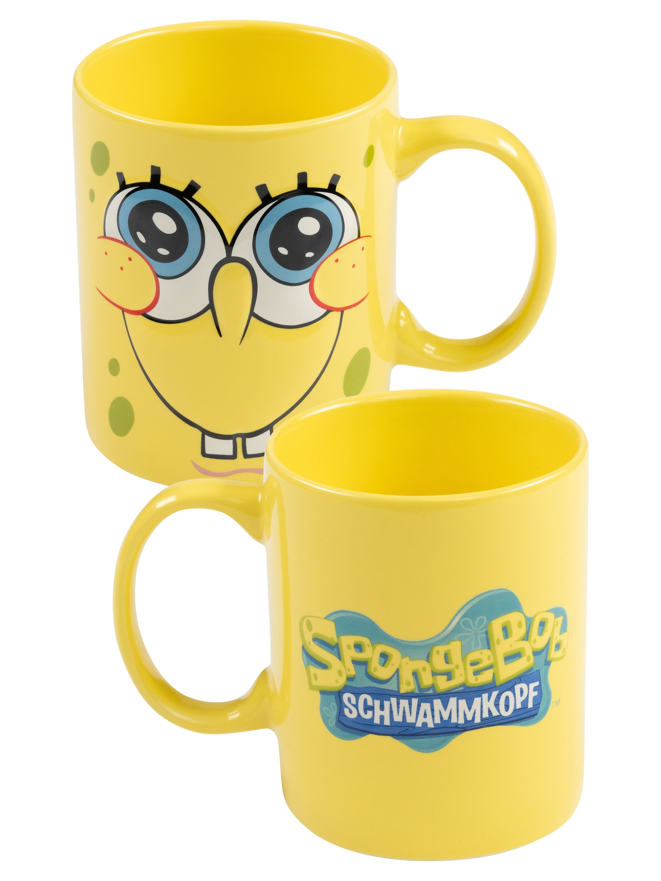 Zwei gelbe Spongebob-Tassen. Eine hat das Gesicht, die andere den Namen auf Deutsch. Beide haben Henkel.