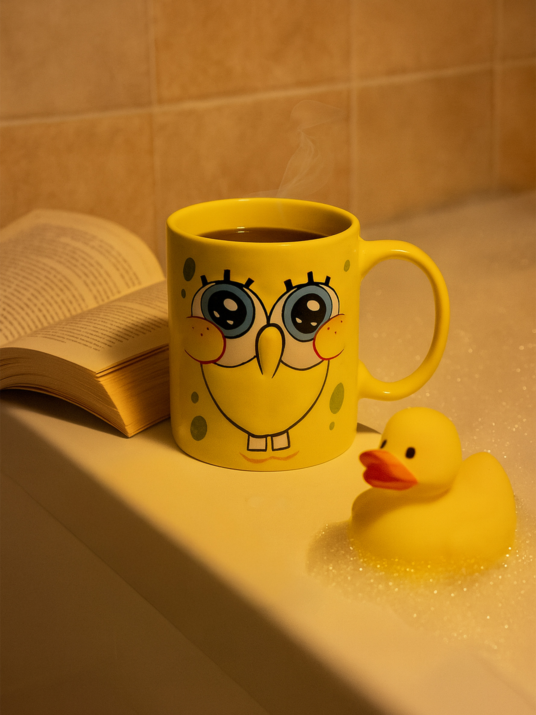 Eine gelbe Tasse mit SpongeBob, ein Buch und eine Gummiente in einer Badewanne mit Blasen.