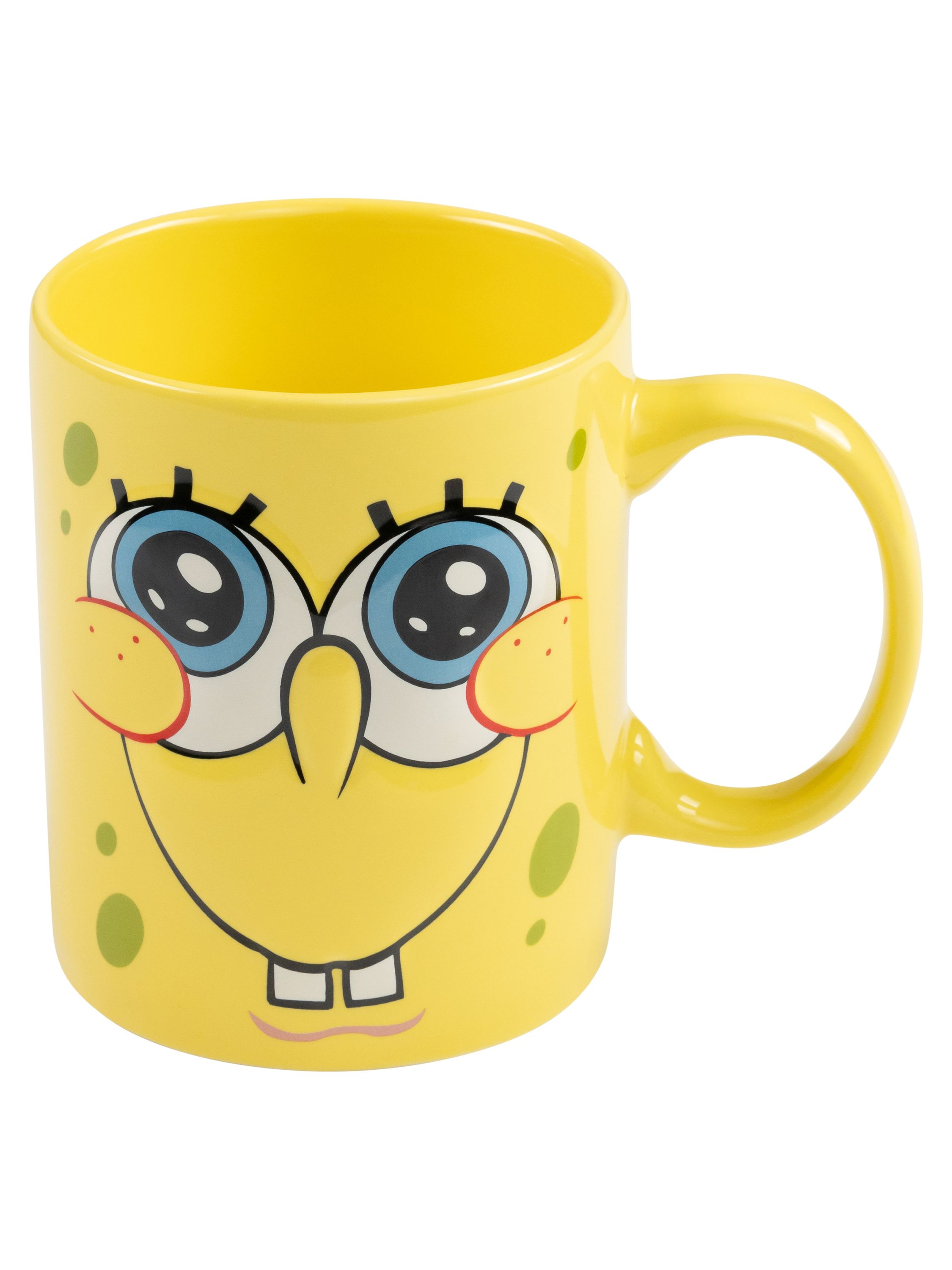 Eine gelbe Tasse mit dem Gesicht von SpongeBob Schwammkopf. Die Tasse hat einen Henkel und steht auf weißem Hintergrund.
