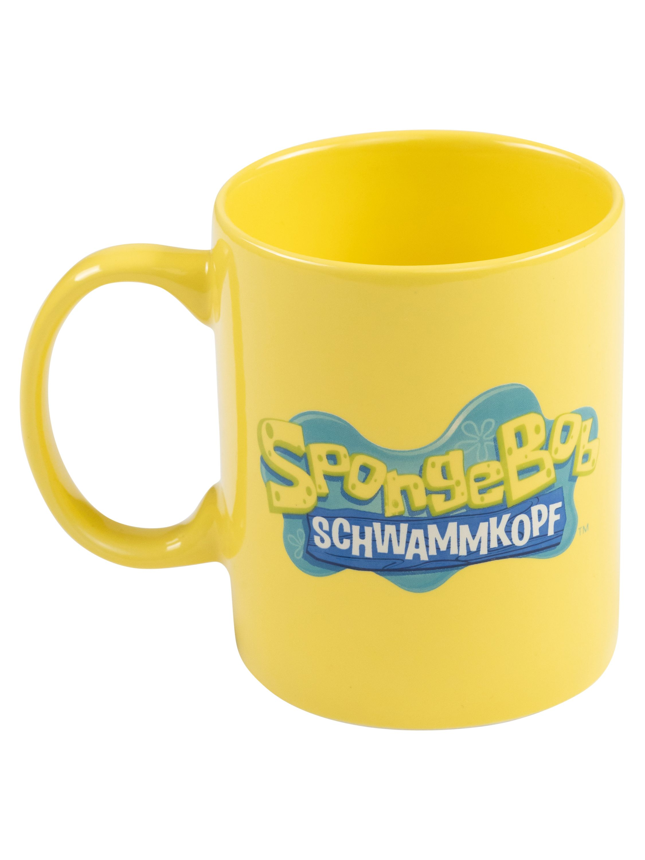 Ein gelber Becher mit Henkel. Er hat das SpongeBob Schwammkopf Logo.