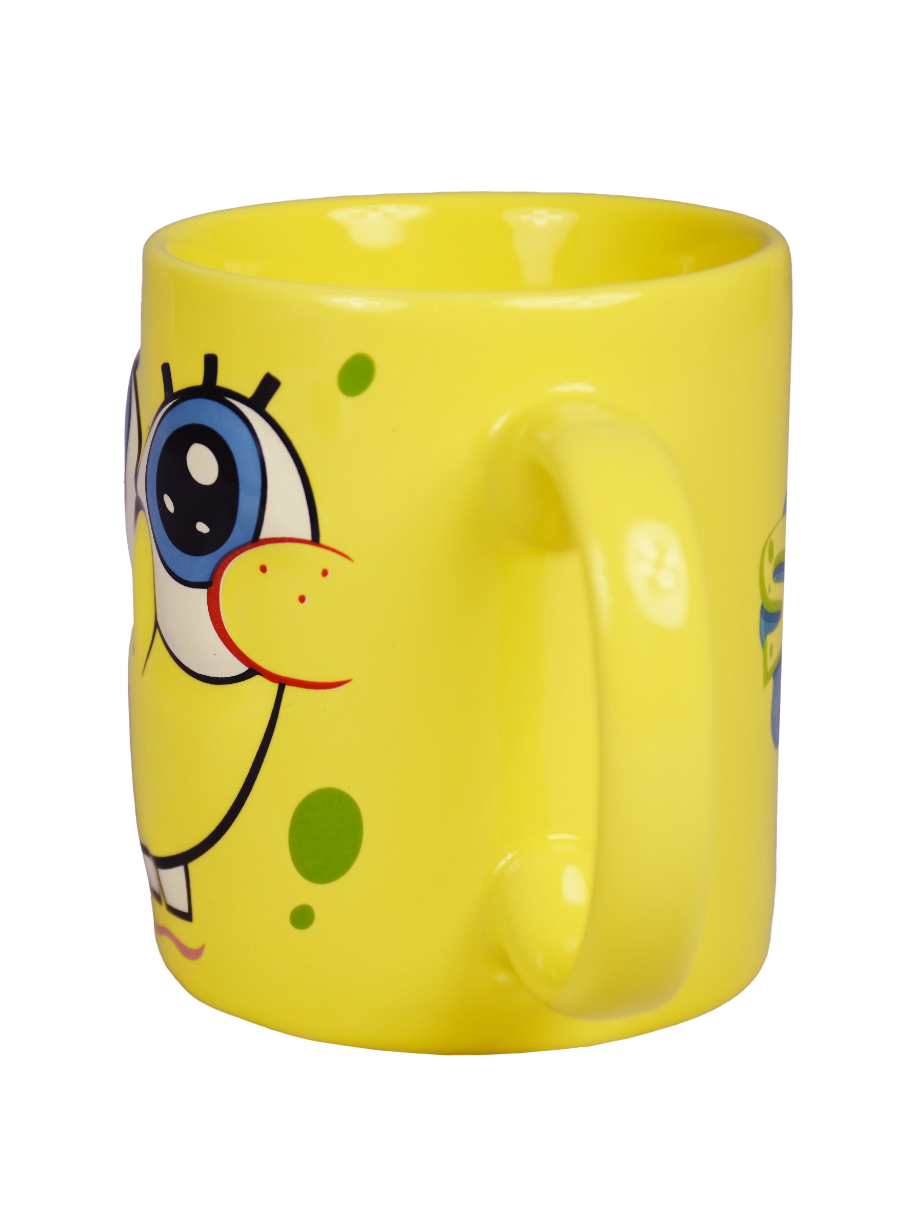 Eine gelbe Tasse mit dem Cartoon-Gesicht einer Figur. Die Tasse hat einen Henkel.