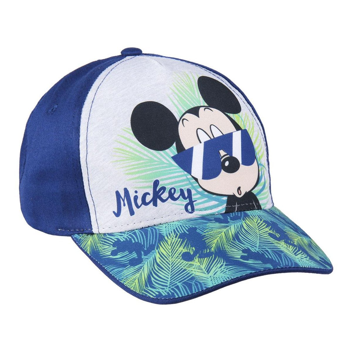Una gorra de béisbol con Mickey Mouse con gafas de sol. La gorra es azul, blanca y tiene un diseño de hojas de palma.