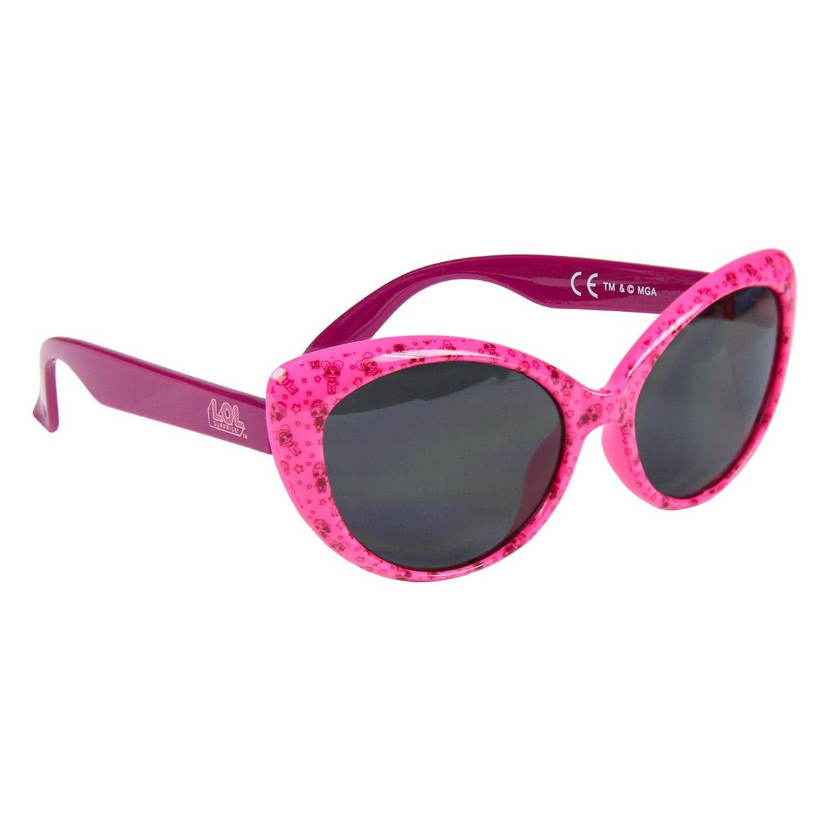 Gafas de sol rosas LOL Surprise. Las monturas están adornadas con estampados de muñecas y tienen lentes oscuras. Las patillas son rosa oscuro.