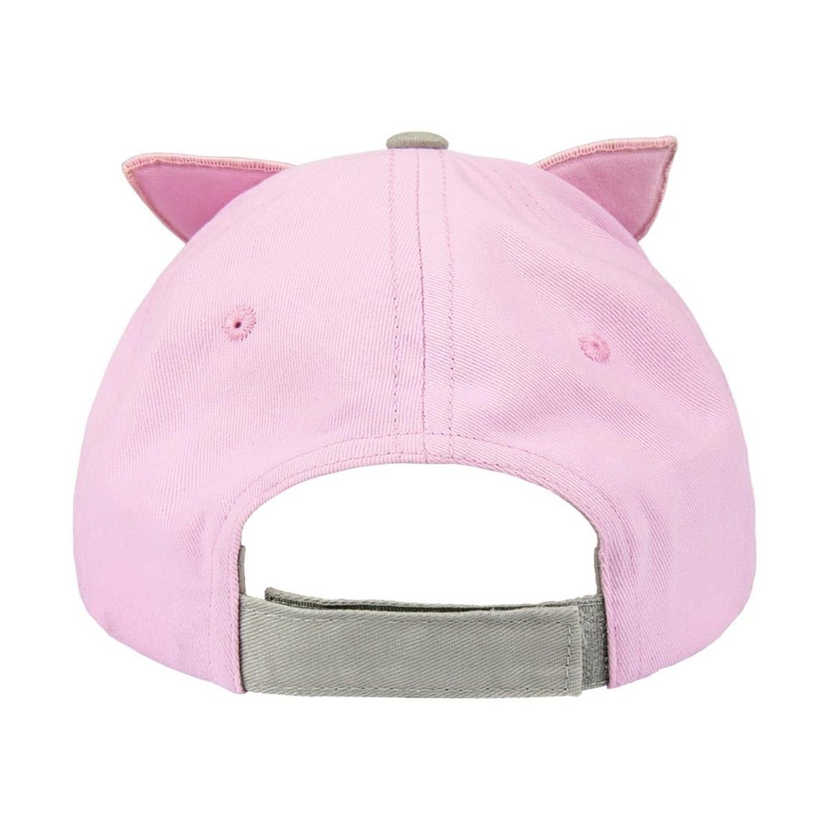 Una gorra de béisbol rosa con orejas de gato. Se ve la parte trasera de la gorra, mostrando la correa gris ajustable.