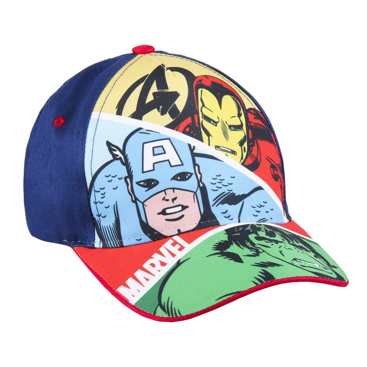 Una gorra de béisbol con personajes de Marvel. Gorra azul con Capitán América, Iron Man, Hulk y el logo de los Vengadores. Visera roja con "MARVEL".
