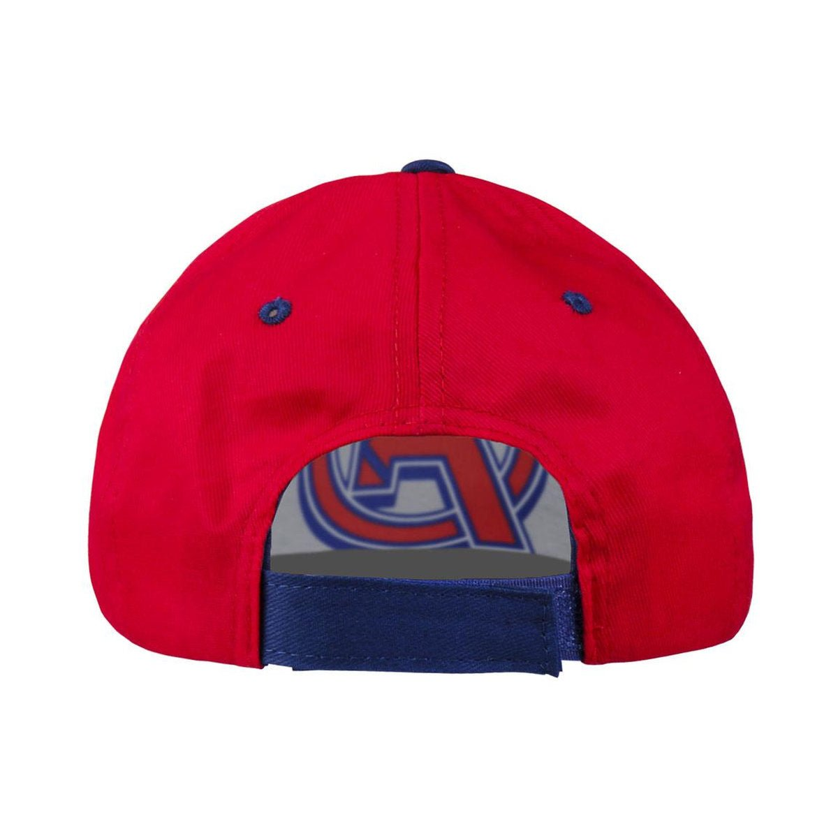 Gorra de béisbol roja con visera y logotipo azules. La gorra tiene una correa azul ajustable en la parte trasera. El logotipo es visible a través de una abertura.