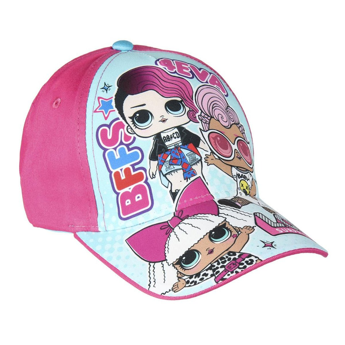 Gorra rosa con muñecas de dibujos animados. La gorra tiene una visera rosa y una parte delantera azul claro con muñecas y las letras BFS.