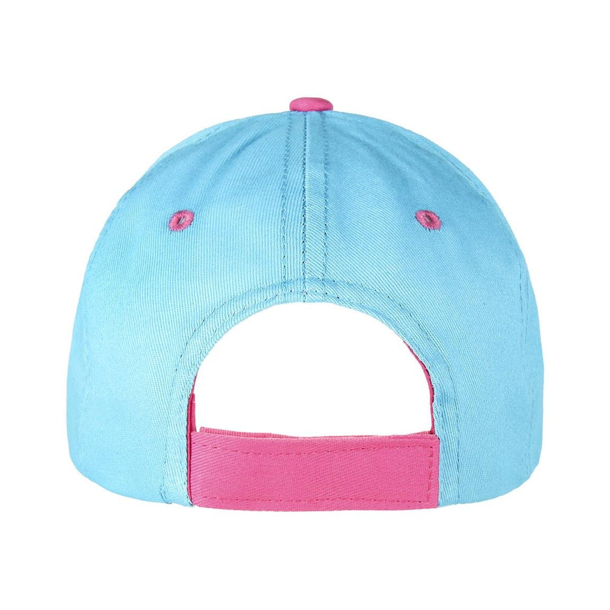 Vista trasera de una gorra de béisbol azul claro con acentos rosas: botón superior, ojales y correa ajustable.