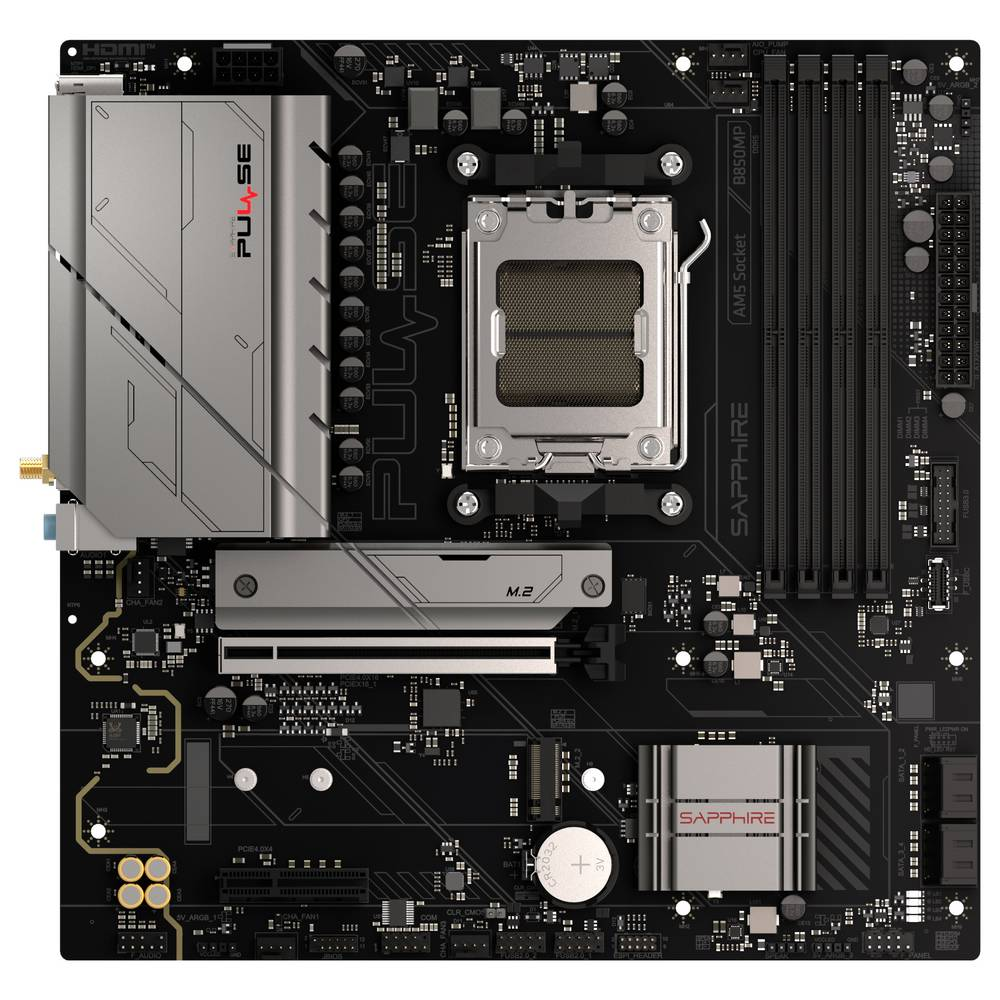 Czarna i srebrna płyta główna Sapphire Pulse z różnymi komponentami, w tym gniazdem CPU, slotami RAM i gniazdem M.2.