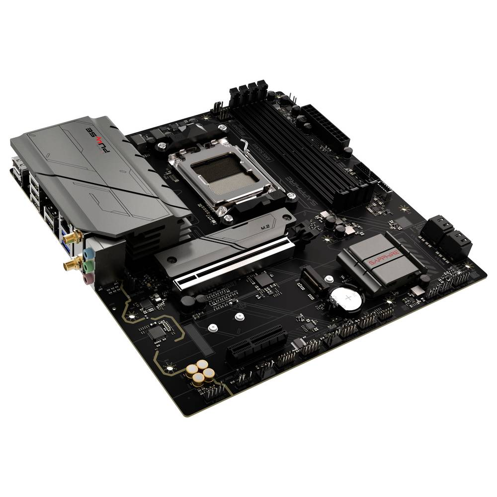 Czarna płyta główna komputera ze srebrnymi akcentami. Zawiera gniazdo procesora, gniazda RAM i różne złącza. Widoczne są nazwy marek 'SAPPHIRE' i 'PULSE'.