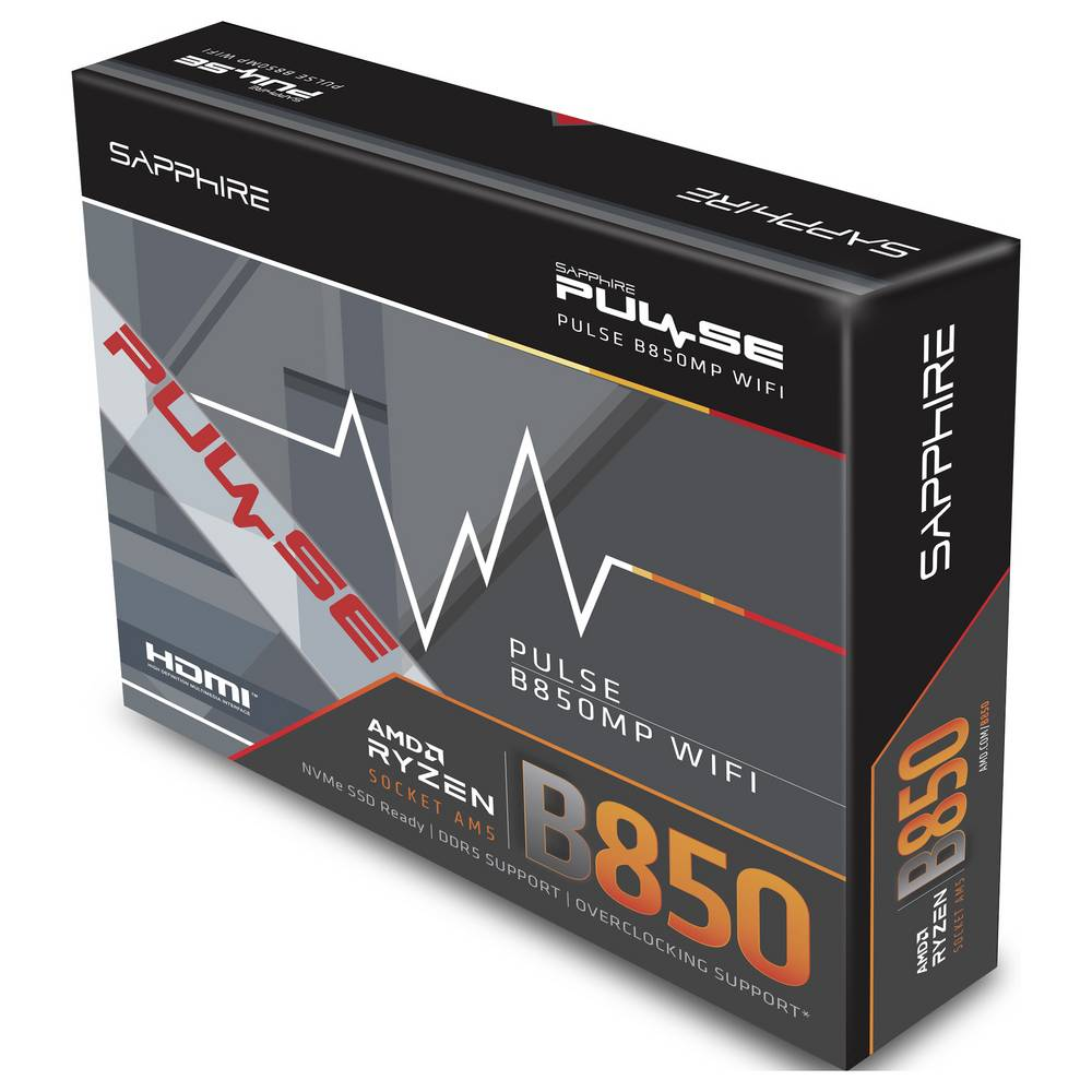 Pudełko Sapphire Pulse B850MP WIFI. Czarno-szary design z czerwonymi i pomarańczowymi akcentami. Zawiera markę AMD Ryzen i B850.