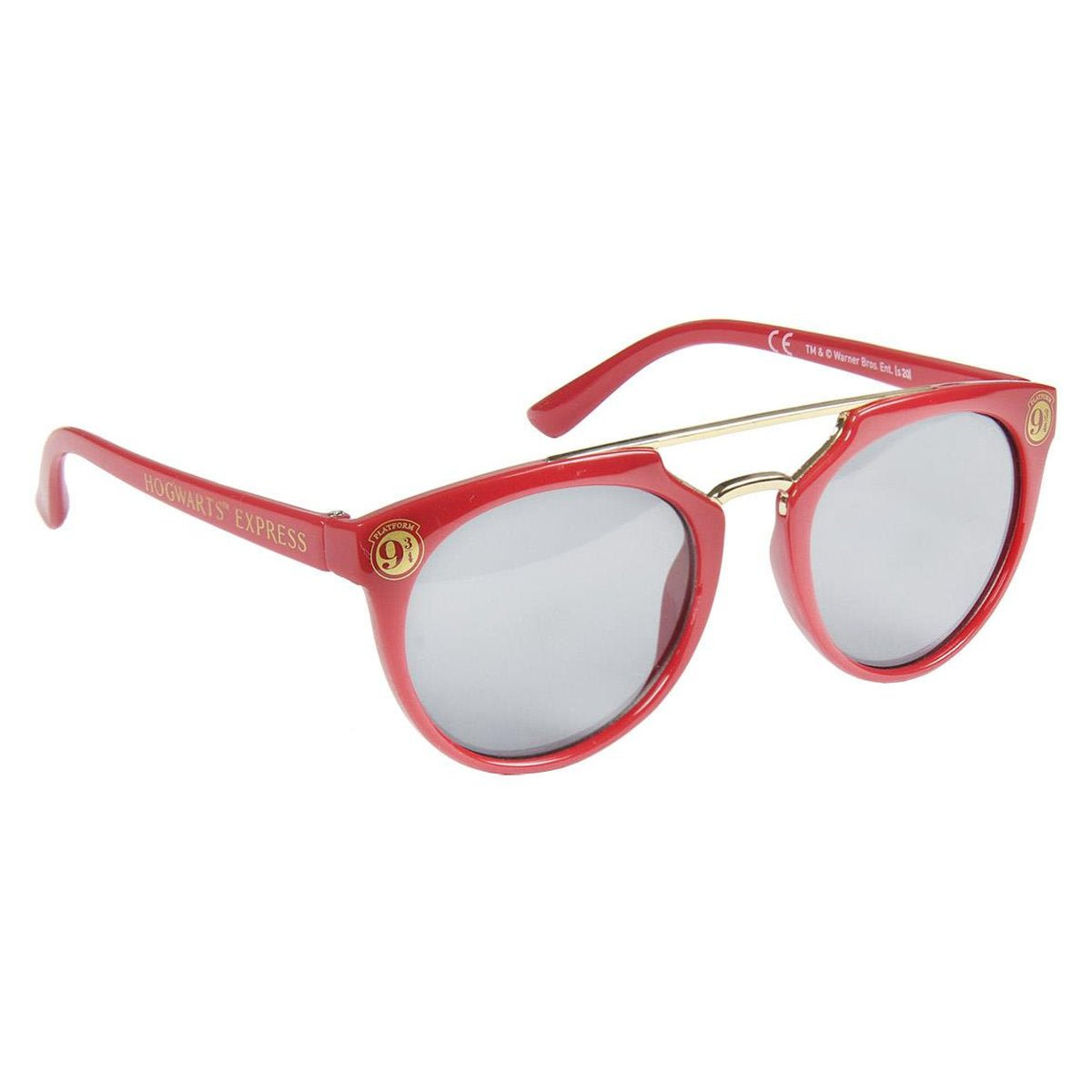 Gafas de sol rojas con lentes espejadas. Presentan el logo de Hogwarts Express y el emblema de la Plataforma 9 3/4.