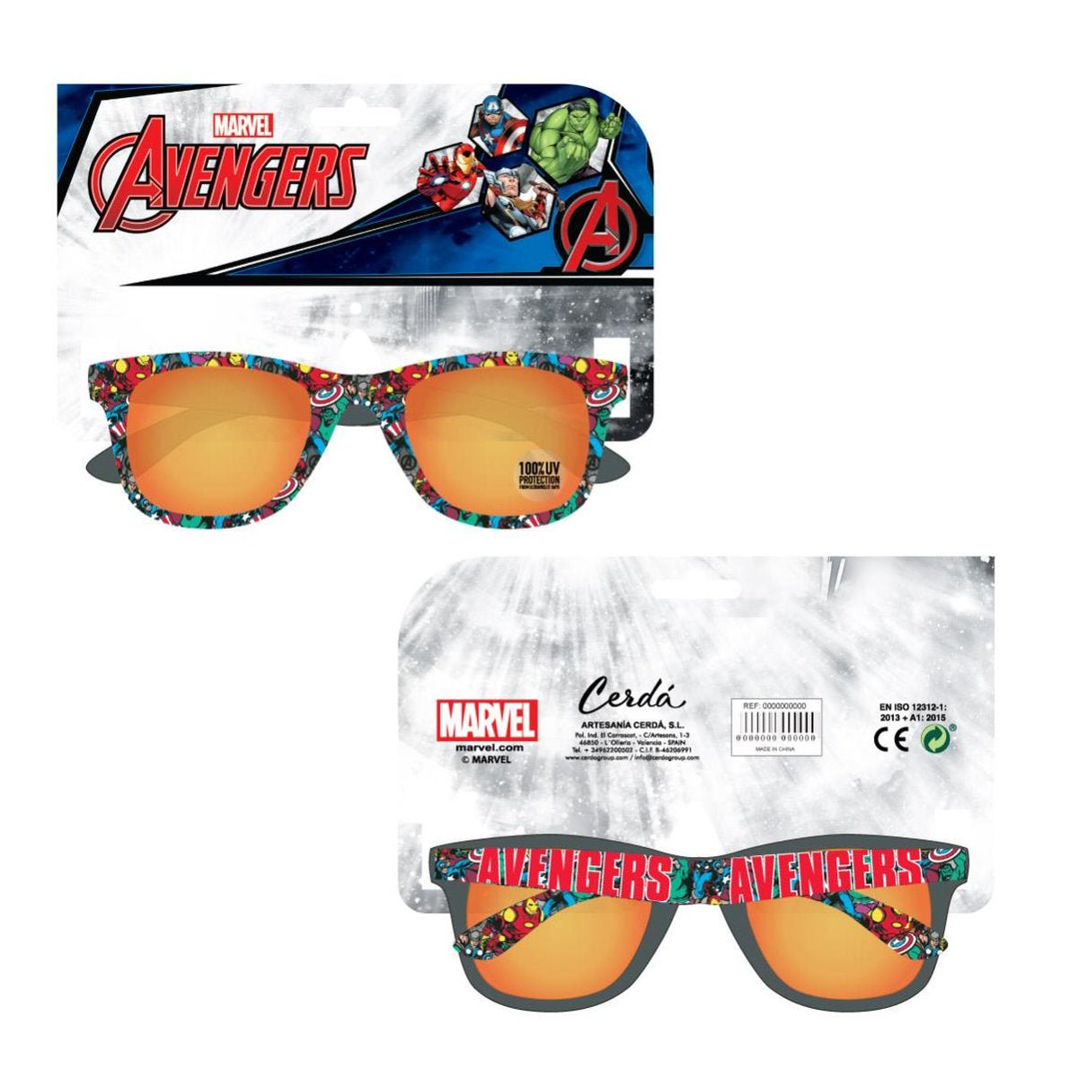 Dos pares de gafas de sol de los Vengadores en el embalaje. Las gafas tienen lentes naranjas y están decoradas con personajes de los Vengadores.