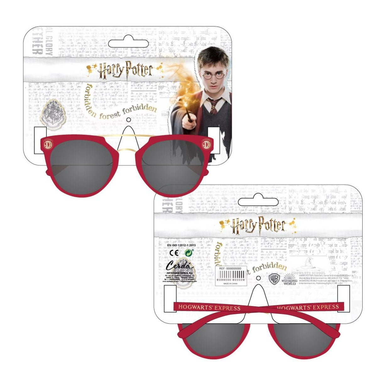 Gafas de sol de Harry Potter en su embalaje. Montura roja y lentes grises. Imagen de Harry Potter y la etiqueta de Hogwarts Express.