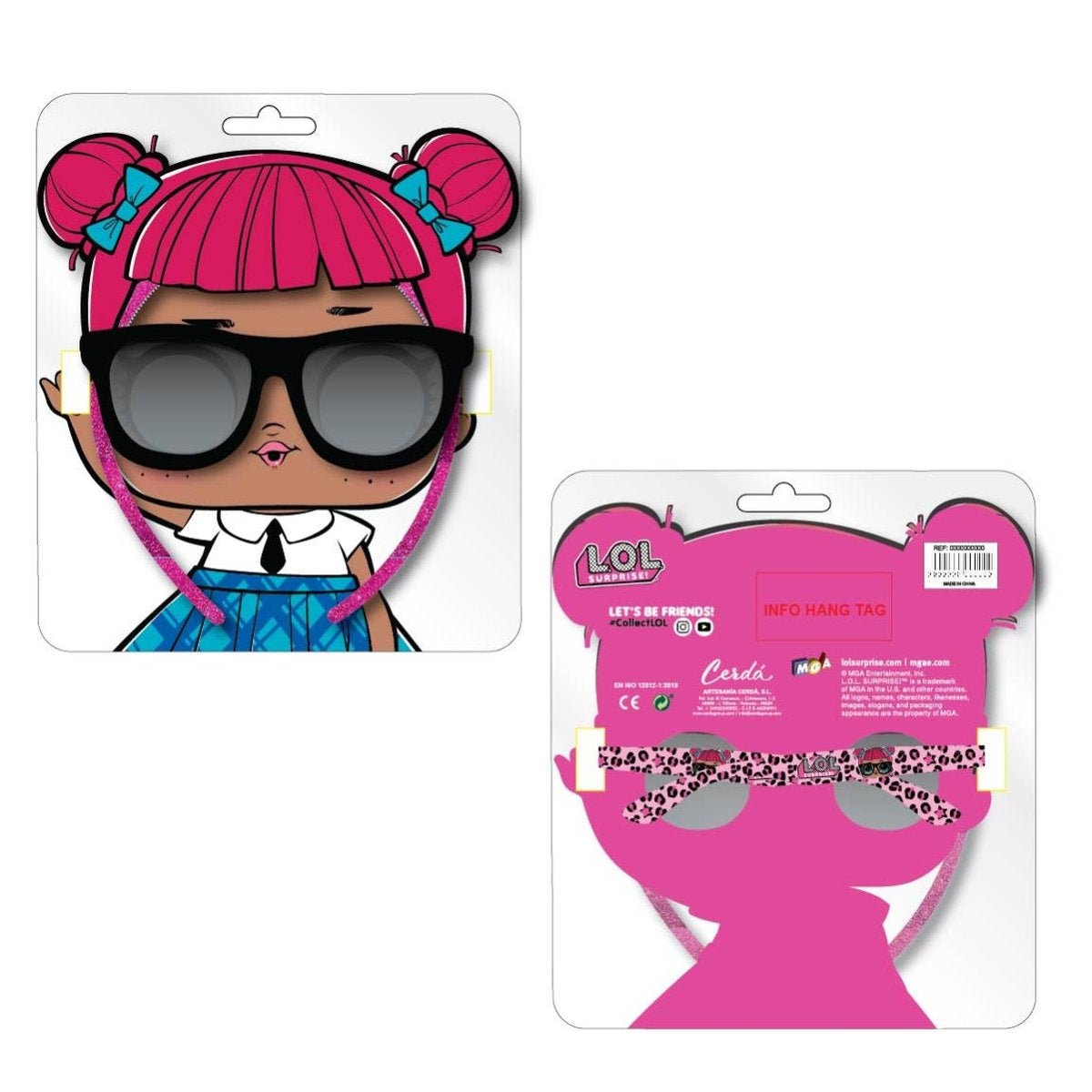 Un paquete con gafas LOL Surprise. Las gafas tienen montura rosa y lentes negras, con la cara de una muñeca en el frente.