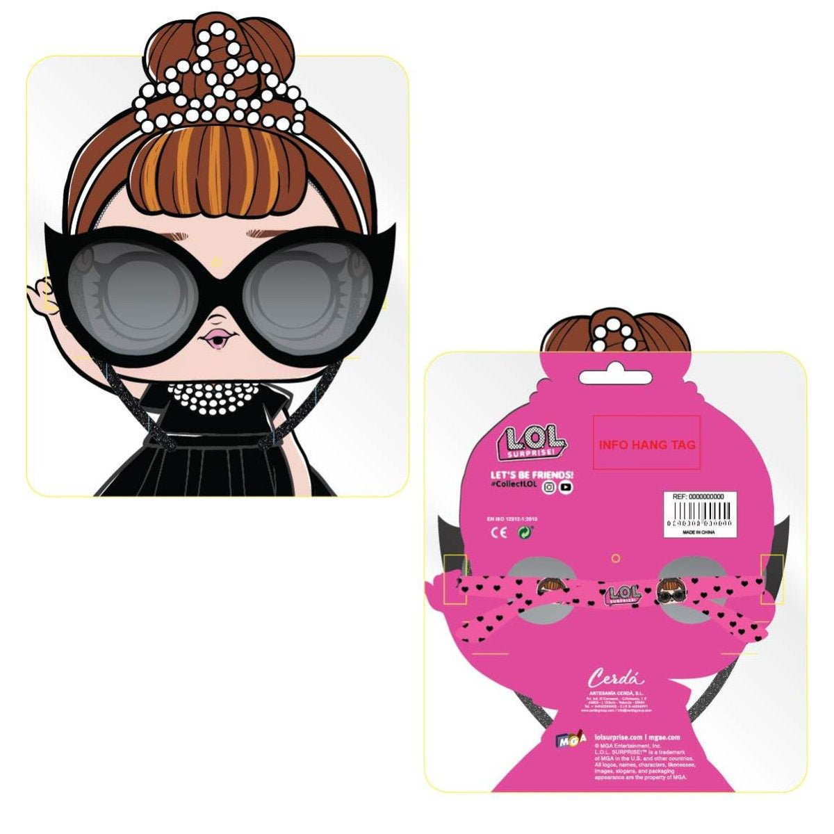 Una cara de muñeca con gafas de sol grandes en una tarjeta rosa. El reverso muestra el logo de LOL Surprise y una etiqueta colgante.