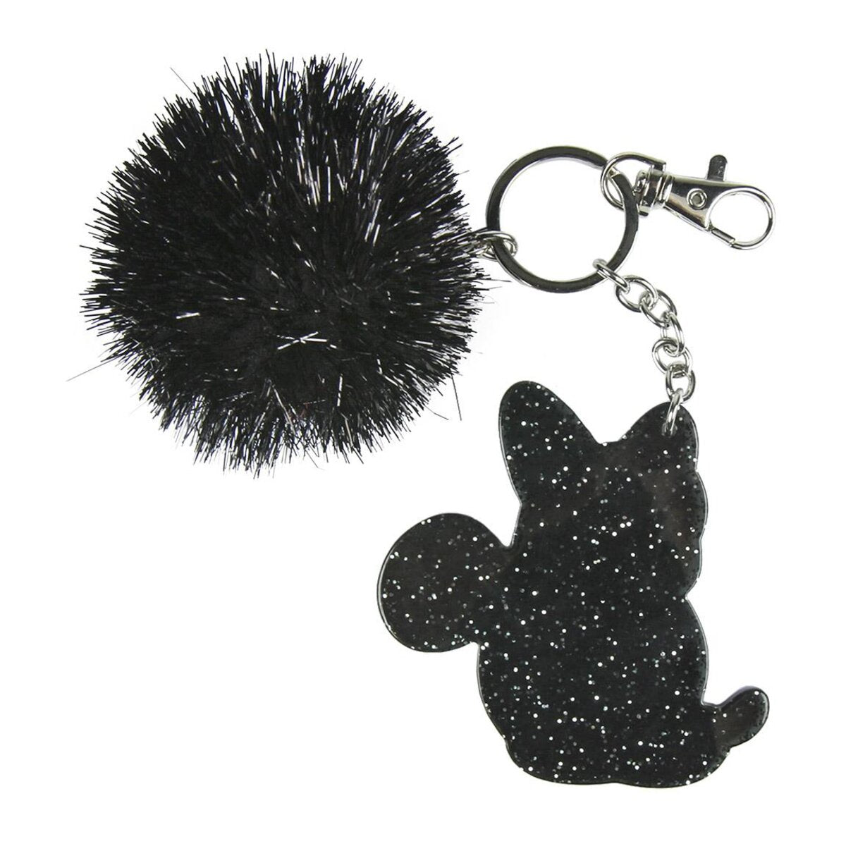 Un llavero negro con un pompón esponjoso y un colgante con silueta de perro. El colgante tiene purpurina. Se adjuntan un cierre y una cadena de metal.