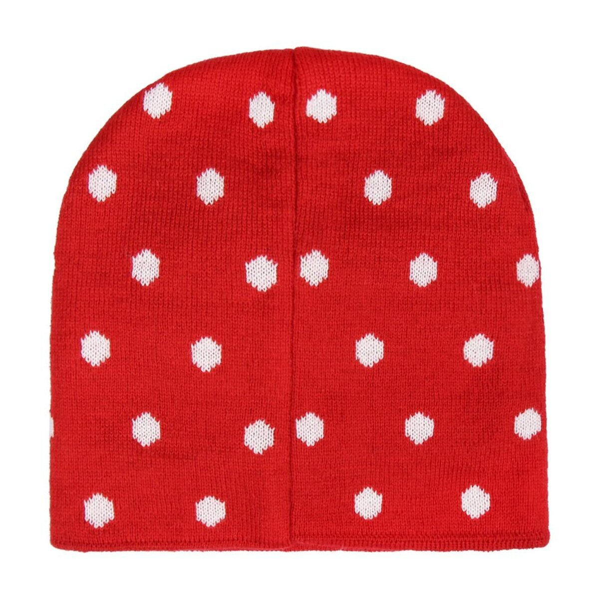 Un gorro rojo con lunares blancos. El gorro es de punto y los puntos están espaciados uniformemente.