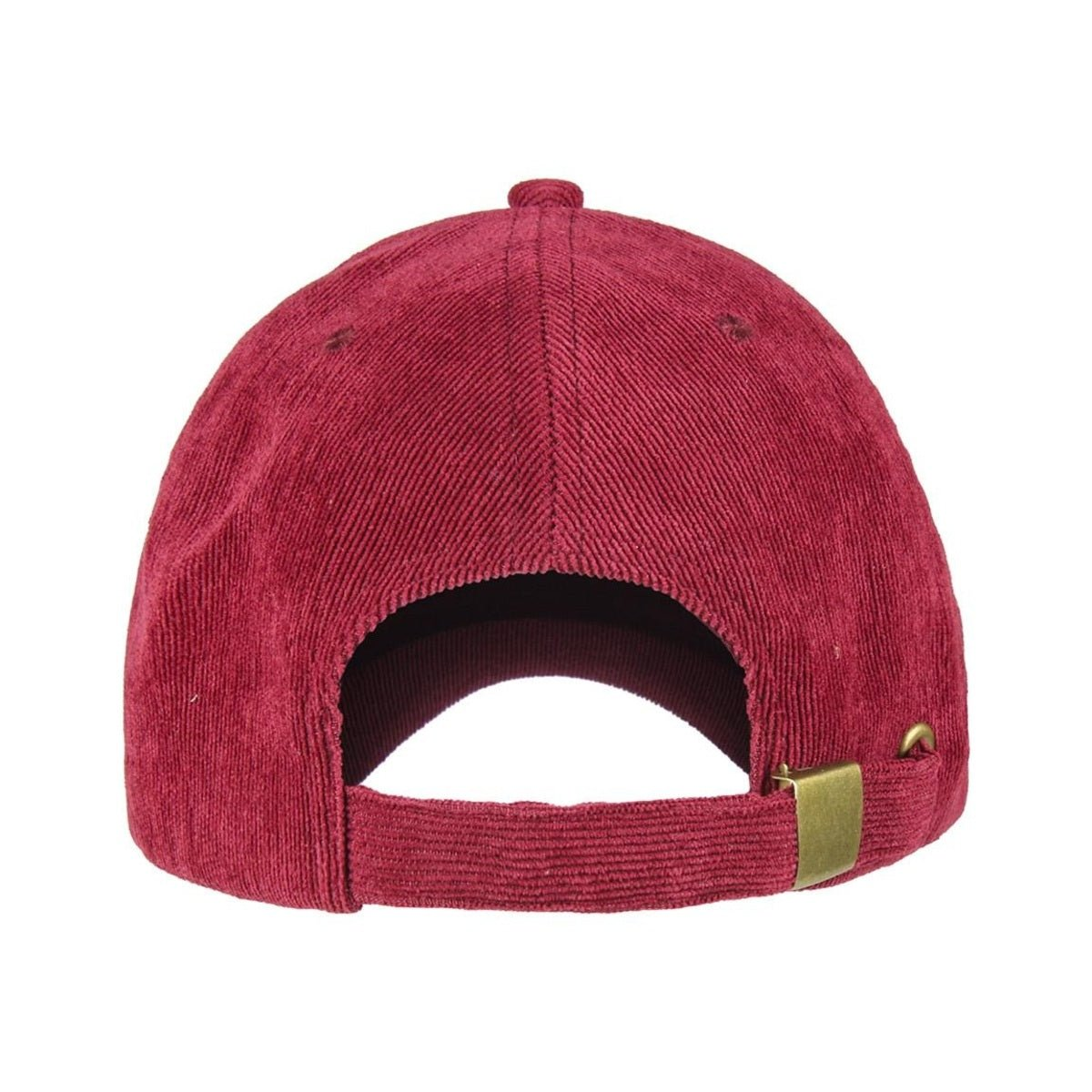 Vista trasera de una gorra de béisbol de pana granate. Tiene una visera curva, correa ajustable y un botón pequeño en la parte superior.