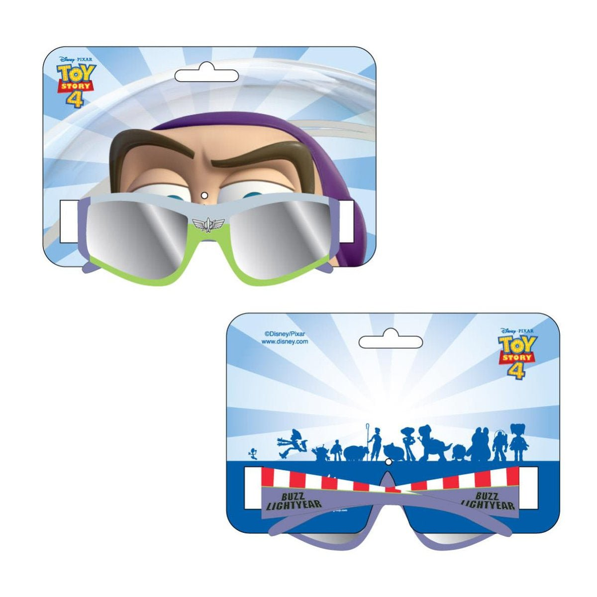 Dos gafas de sol de Buzz Lightyear de Toy Story 4 en tarjetas. La parte superior muestra la cara de Buzz, la inferior una escena con personajes y el nombre.