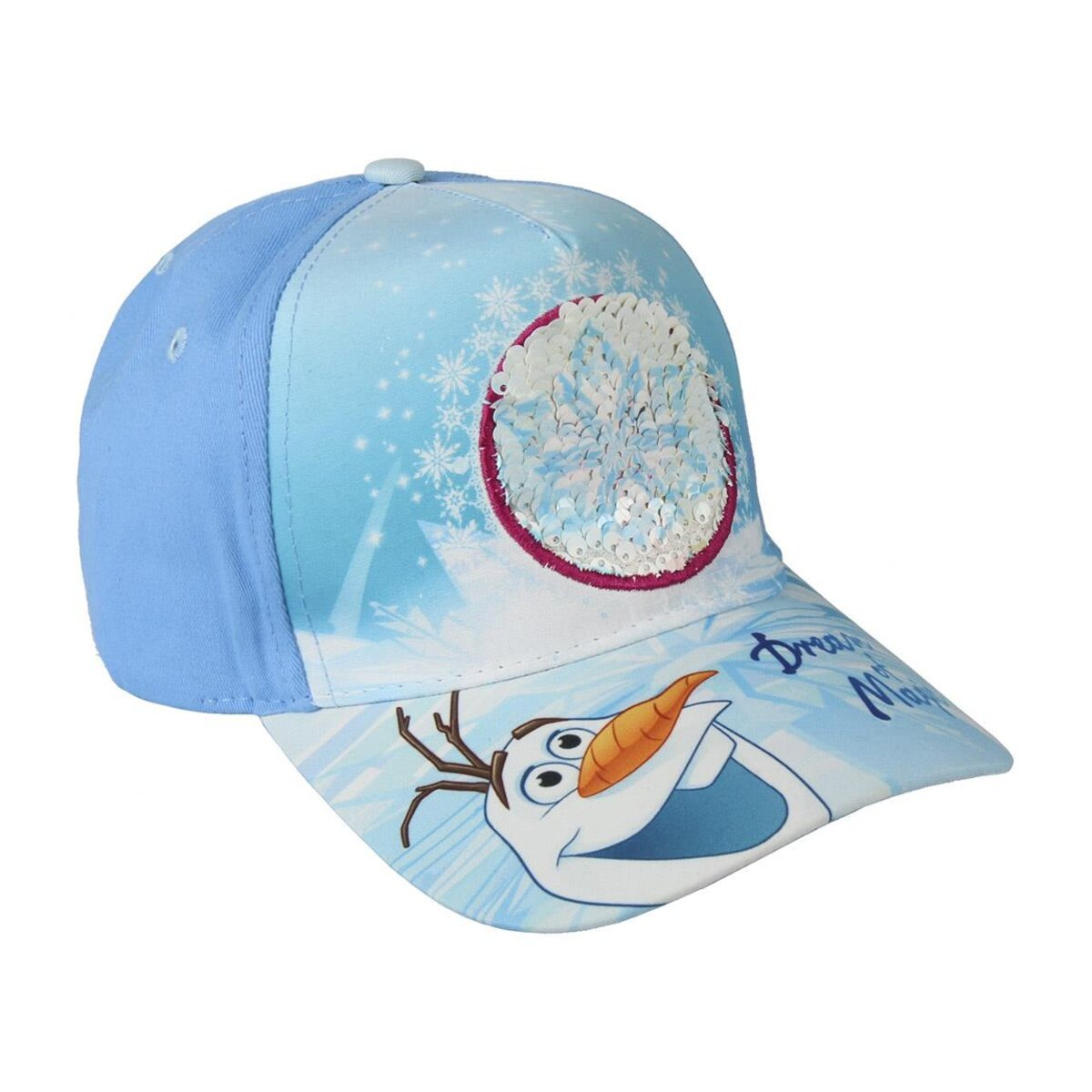 Una gorra azul de Frozen con Olaf. Tiene un diseño de copo de nieve, lentejuelas y las palabras 'Dream Maker'.