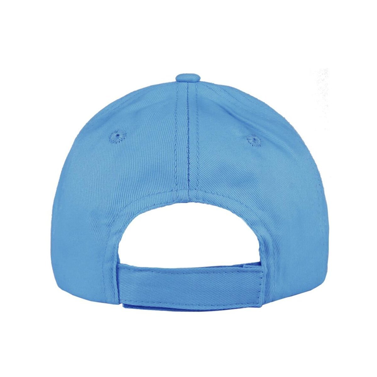Vista trasera de una gorra de béisbol azul claro con visera curva y correa ajustable. La gorra es de tela.
