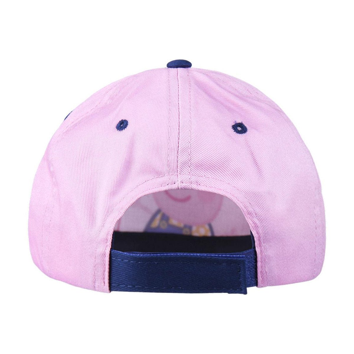 Gorra de béisbol rosa con visera y botón superior azul marino. Imagen de Peppa Pig visible al frente. Correa ajustable azul marino.