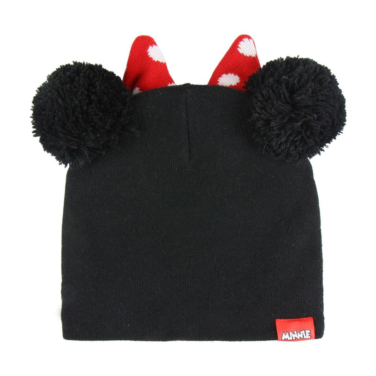 Un gorro negro con dos pompones negros, orejas rojas con lunares y una etiqueta roja de 'MINNIE'.