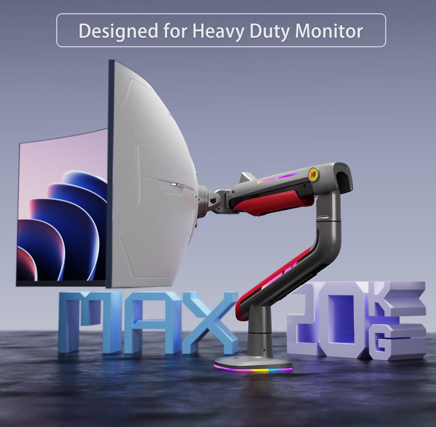 Bir monitör kolu, kavisli ekranlı bir monitörü destekler. Kol gri ve kırmızıdır. Ekrandaki metin: Designed for Heavy Duty Monitor.