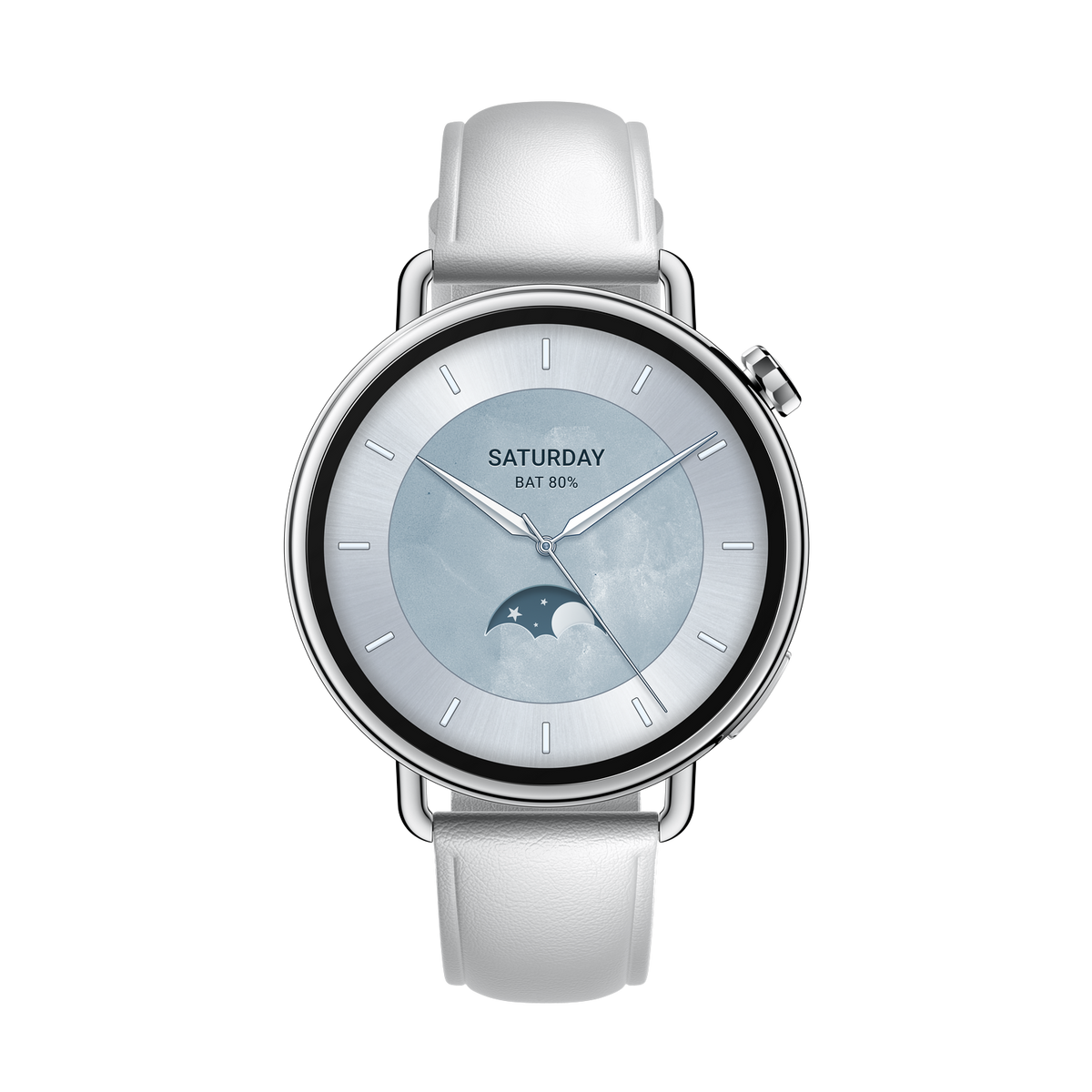 Srebrny smartwatch z białym paskiem wyświetla datę, godzinę i poziom naładowania baterii. Tarcza jest jasnoniebieska z motywem księżyca.