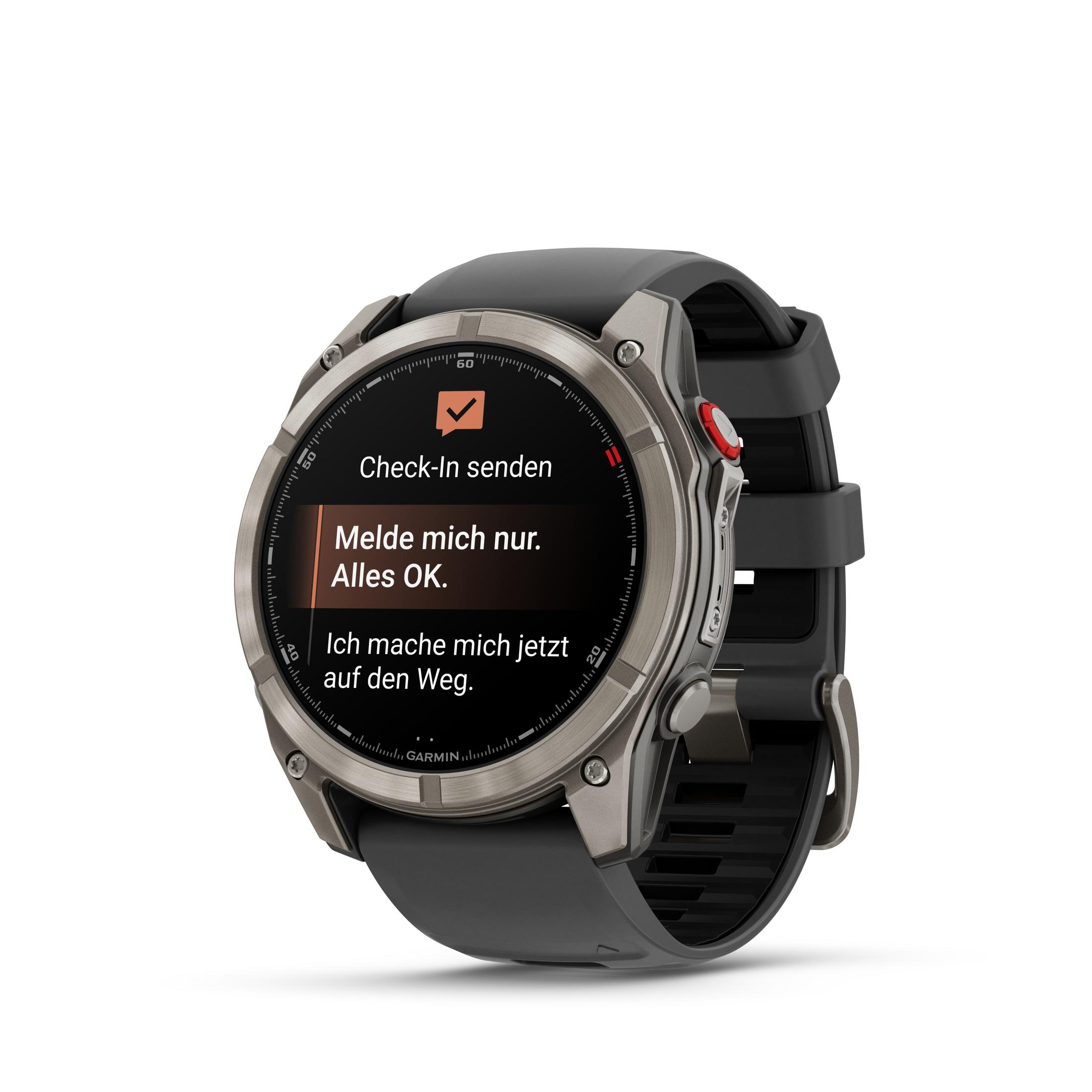 Eine Smartwatch mit schwarzem Armband zeigt eine Check-in-Nachricht an. Die Uhr hat eine silberne Lünette und einen roten Knopf.