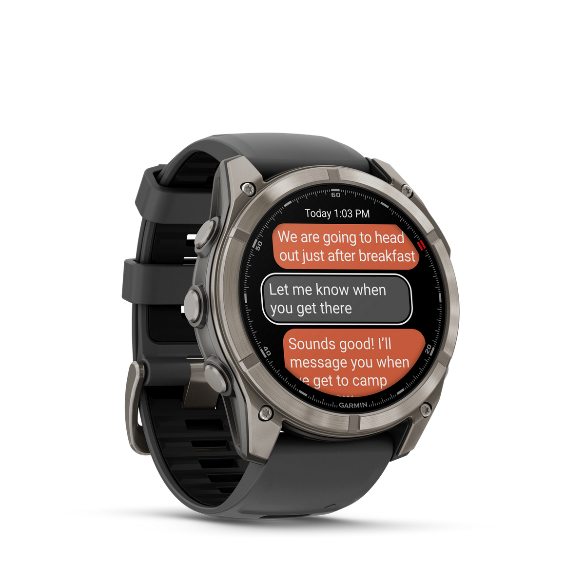 Eine Smartwatch zeigt Nachrichten an. Die Uhr hat ein schwarzes Armband, eine silberne Lünette und einen schwarzen Bildschirm mit Textkonversationen.