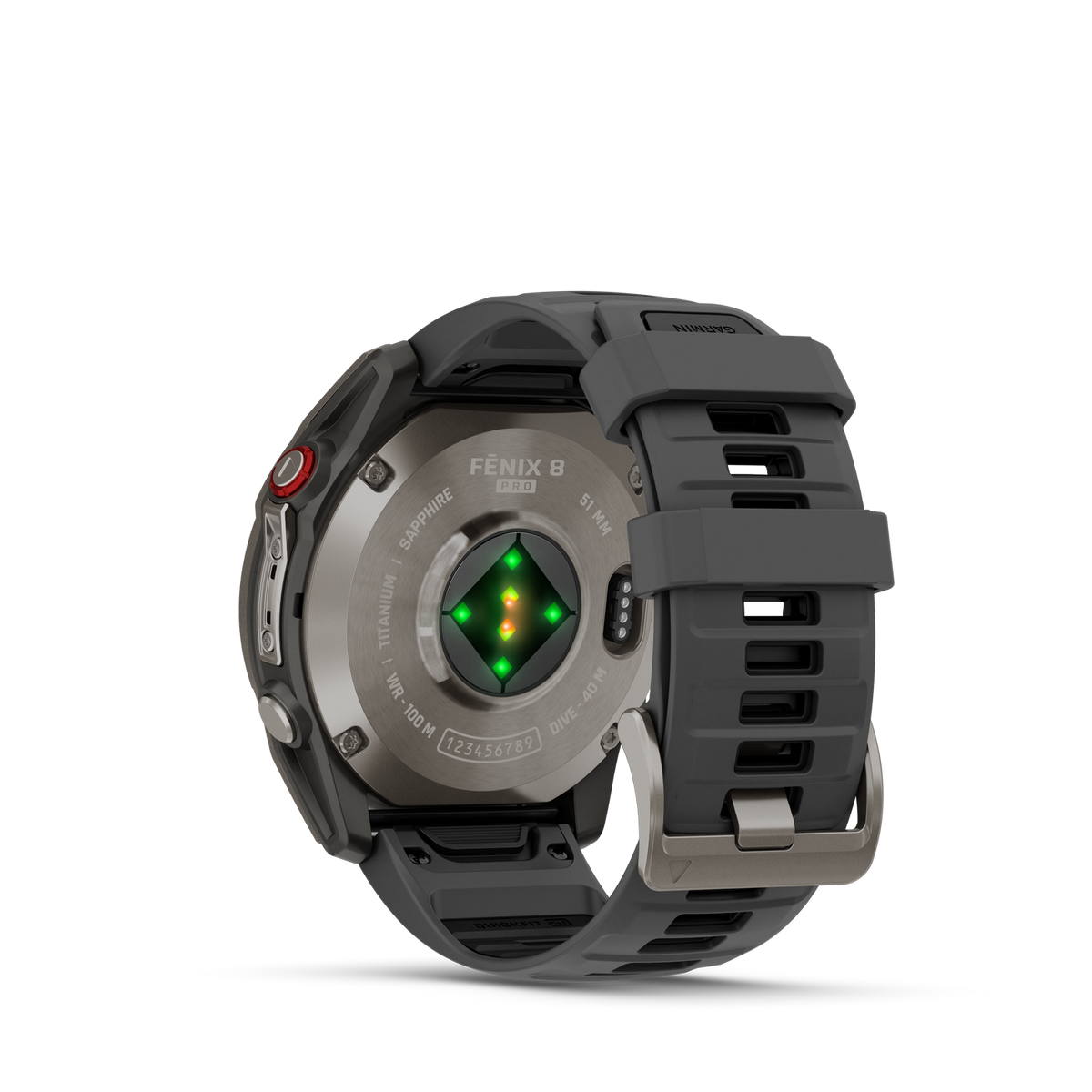 Eine Garmin Fenix 8 Pro Smartwatch. Sie hat ein graues Armband, ein silbernes Gehäuse und einen schwarzen Hintergrund. Herzfrequenzsensor ist sichtbar.
