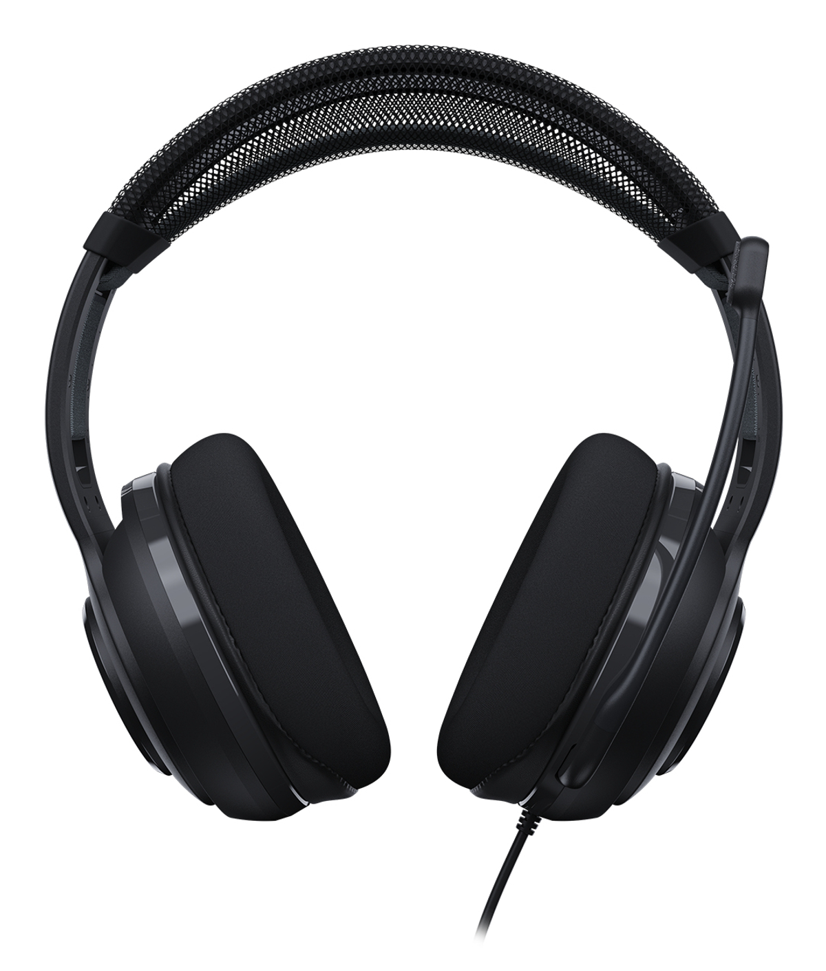 Schwarzer Over-Ear-Kopfhörer. Mesh-Kopfbügel, große Ohrmuscheln und ein Draht, der sie verbindet. Weißer Hintergrund.