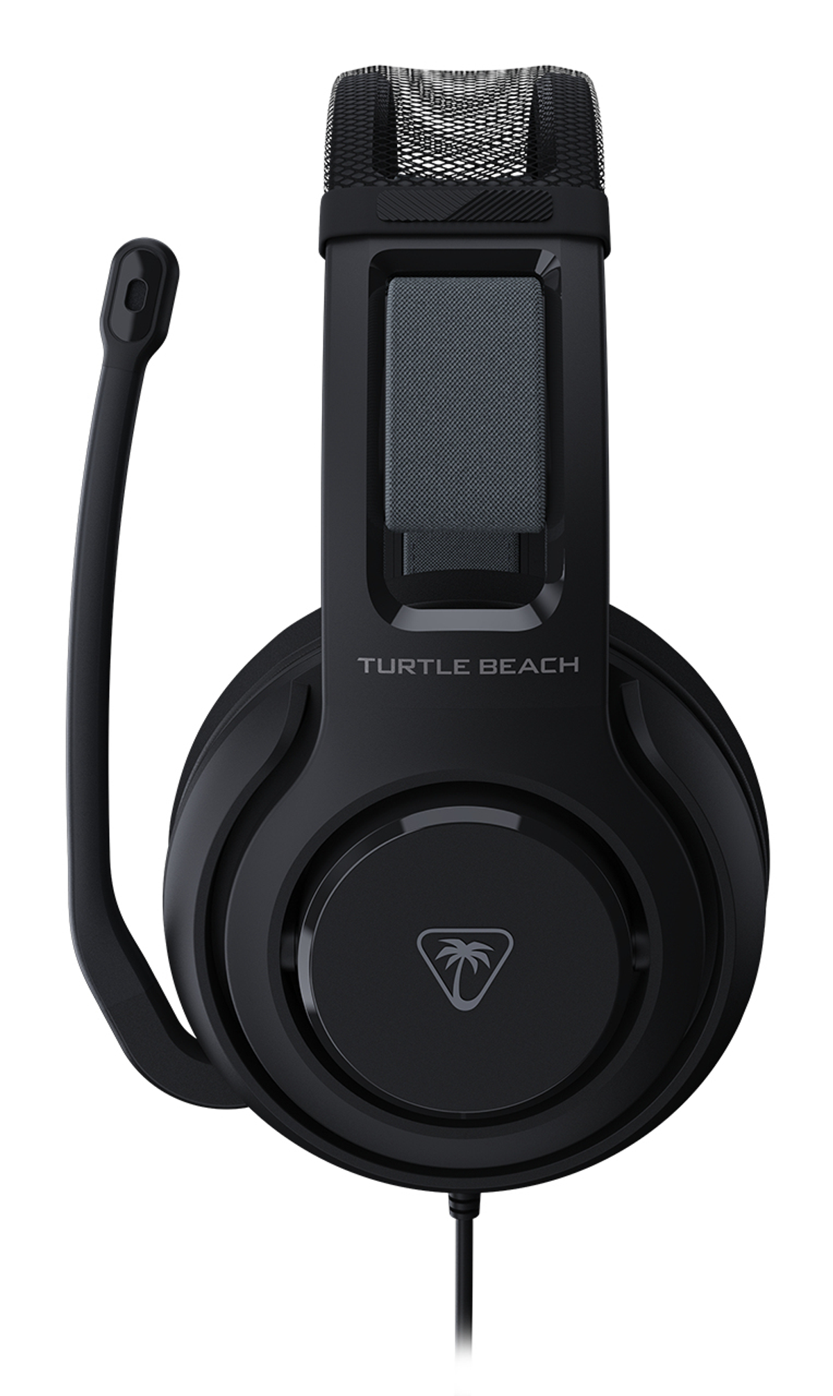 Schwarzes Turtle Beach Gaming-Headset. Verfügt über ein Mikrofon, Mesh-Ohrmuscheln und das Turtle Beach-Logo.
